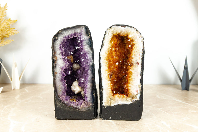 Pair of Book Matching Amethyst and Citrine Geodes