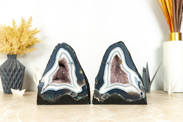 Pair of Book-Matching Small Blue Lace Agate Cathedrals with Crystal Amethyst