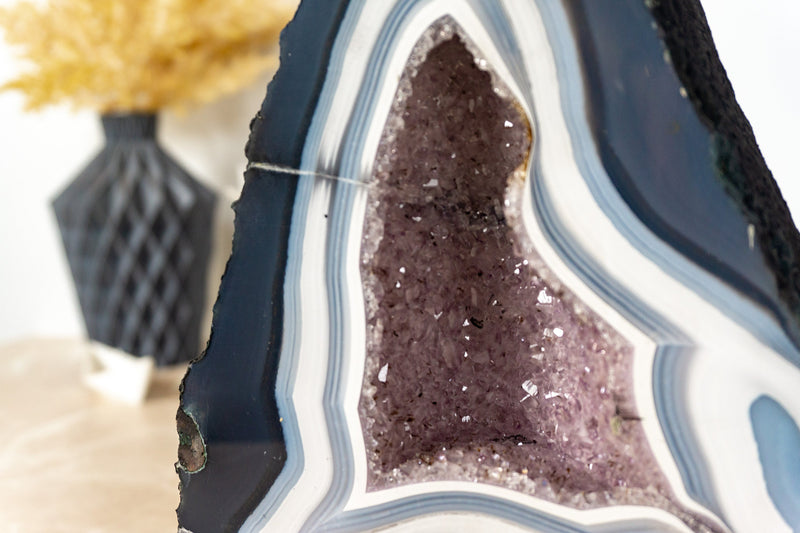 Pair of Book-Matching Small Blue Lace Agate Cathedrals with Crystal Amethyst