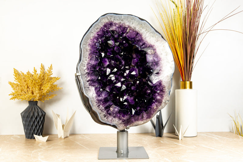 Spectacular Large Amethyst Geode on 360º Stand with Large Dark Purple Amethyst Druzy and Polished Borders