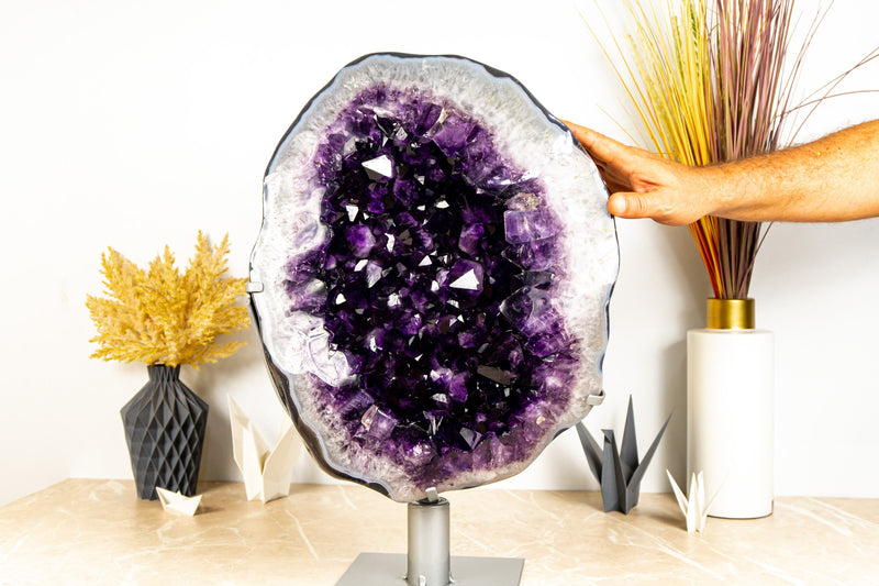 Spectacular Large Amethyst Geode on 360º Stand with Large Dark Purple Amethyst Druzy and Polished Borders