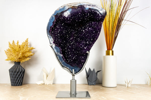 Spectacular Large Amethyst Geode Cluster with Deep Purple Galaxy Druzy with Banded Agate, 13 Kg - 28 lb