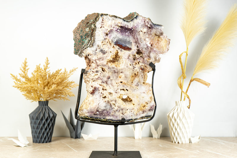 Rare Pink Amethyst Geode Slab with Double-Terminated Calcite and Pink Druzy - 6.7 Kg - 14.7 lb