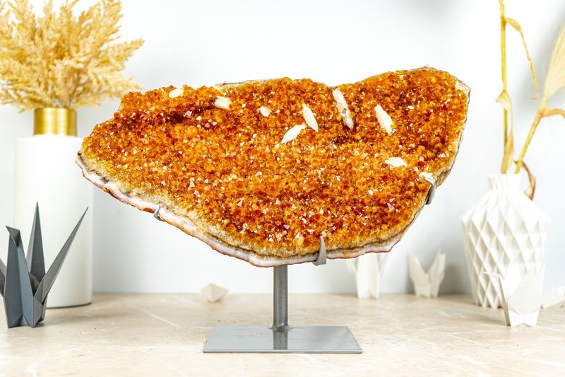 Deep Orange Citrine with Calcite Formations on Stand, 6.3 Kg - 13.9 lb - E2D Crystals & Minerals