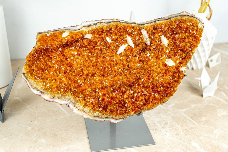 Deep Orange Citrine with Calcite Formations on Stand, 6.3 Kg - 13.9 lb - E2D Crystals & Minerals