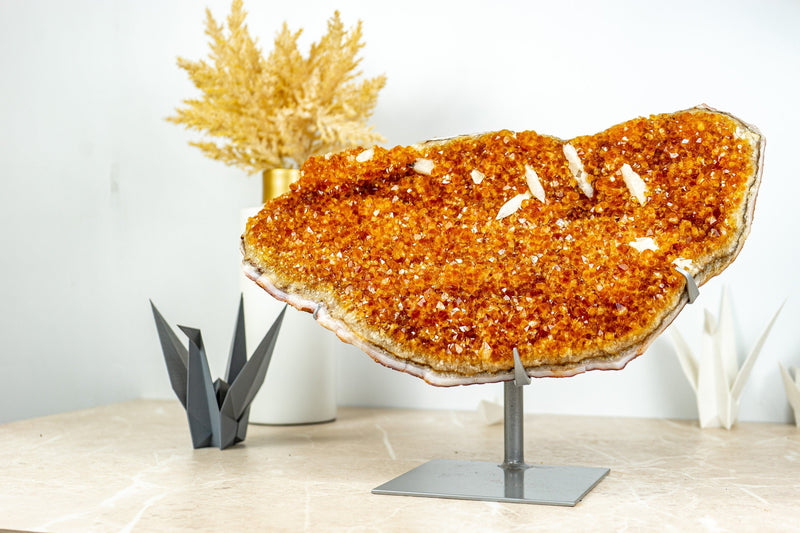 Deep Orange Citrine with Calcite Formations on Stand, 6.3 Kg - 13.9 lb - E2D Crystals & Minerals