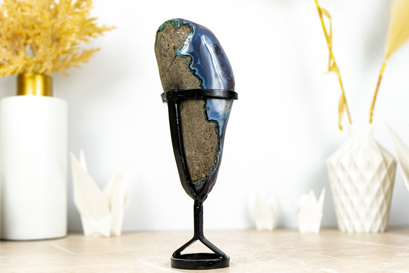 Small Purple Galaxy Druzy Amethyst with Golden Goethite and Banded Agate on Stand - 1.0 Kg - 2.2 lb