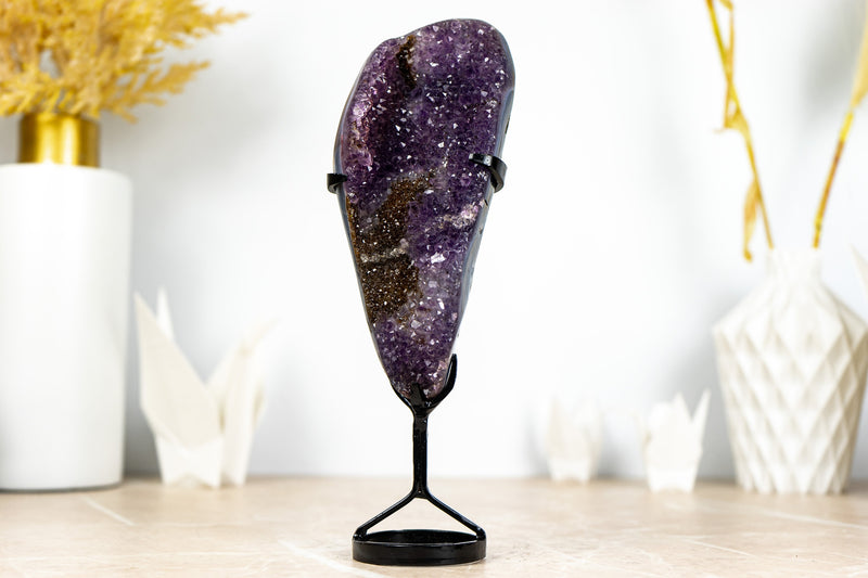 Small Purple Galaxy Druzy Amethyst with Golden Goethite and Banded Agate on Stand - 1.0 Kg - 2.2 lb