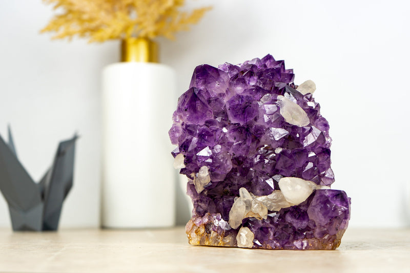 Beautiful Amethyst Cluster with Crystal Calcite, AA Deep Purple Quality, Self Standing - 1.8 Kg - 3.9 lb