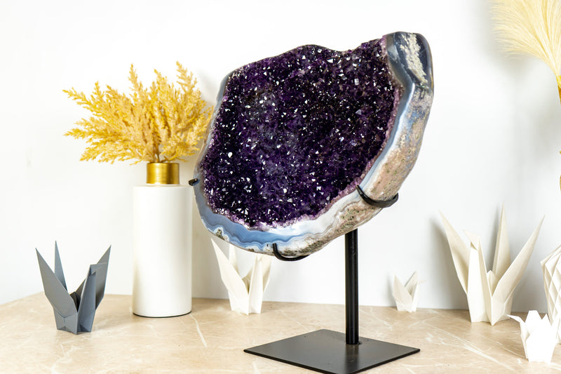 Spectacular Large Amethyst Geode Deep Purple Galaxy Druzy with Banded Agate On Stand, 13.5 Kg - 30 lb