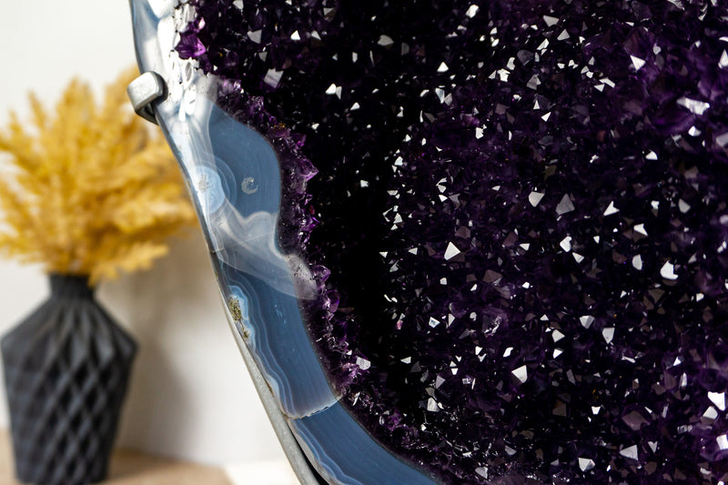 Spectacular Large Amethyst Geode Cluster with Deep Purple Galaxy Druzy with Banded Agate, 13 Kg - 28 lb