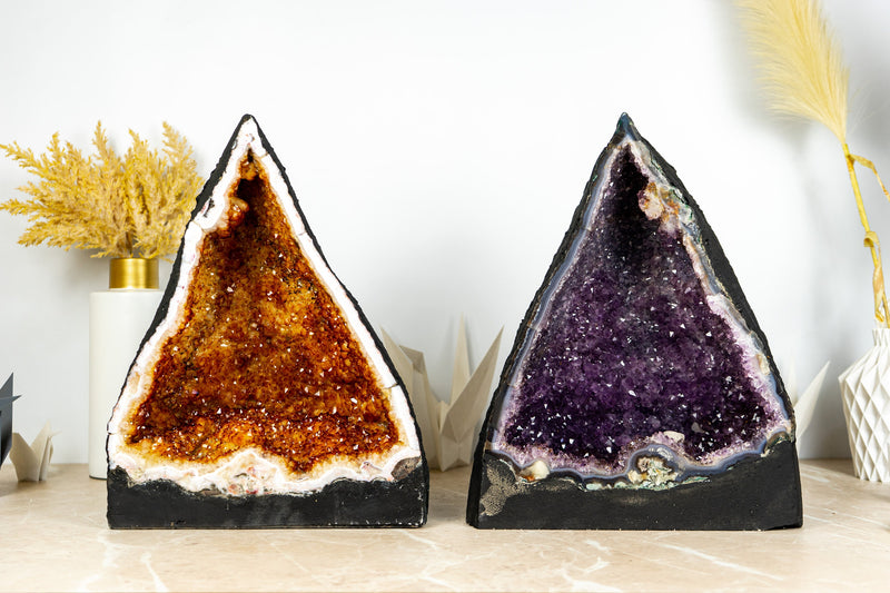 Pair of Book-Matching Amethyst and Citrine Cathedral Geodes with Shiny Druzy and Flower Rosettes - 39.1 Kg - 86.2 lb