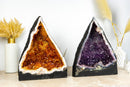 Pair of Book-Matching Amethyst and Citrine Cathedral Geodes with Shiny Druzy and Flower Rosettes - 39.1 Kg - 86.2 lb