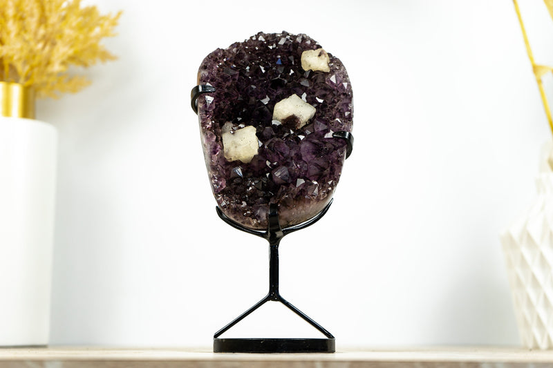 Amethyst Cluster with Geometrical Crystal Calcite, Deep Purple and Golden Goethite - 1.6 Kg - 3.5 lb
