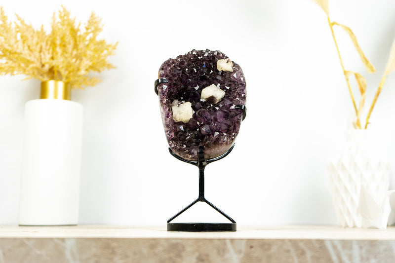 Amethyst Cluster with Geometrical Crystal Calcite, Deep Purple and Golden Goethite - 1.6 Kg - 3.5 lb