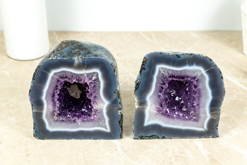 Pair of Small Purple Amethyst Cathedral Geodes with Banded Agate  AA Quality
