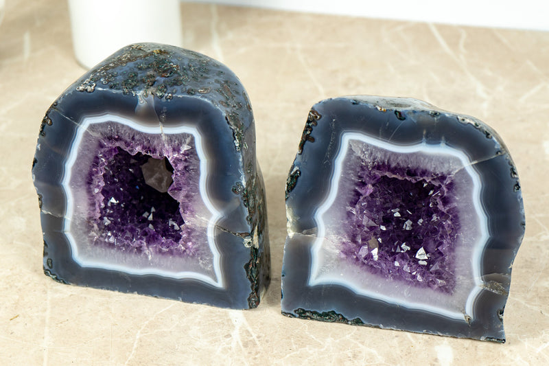 Pair of Small Purple Amethyst Cathedral Geodes with Banded Agate  AA Quality