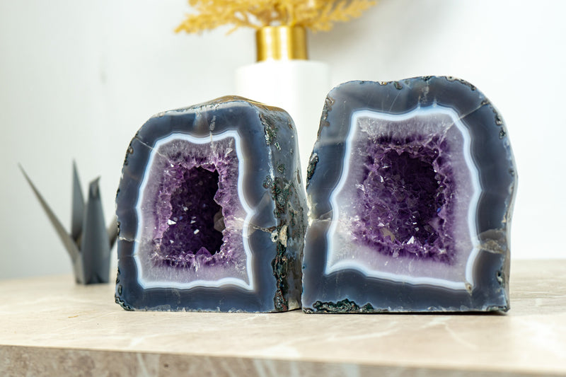 Pair of Small Purple Amethyst Cathedral Geodes with Banded Agate  AA Quality