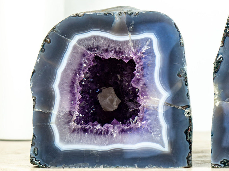 Pair of Small Purple Amethyst Cathedral Geodes with Banded Agate  AA Quality