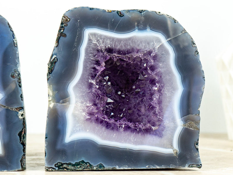 Pair of Small Purple Amethyst Cathedral Geodes with Banded Agate  AA Quality