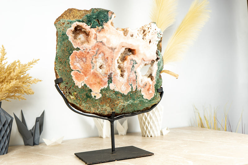 Rare Pink Amethyst with Green Jasper Geode Slab and Pink Druzy - High Quality, 6.7 Kg - 14.8 lb