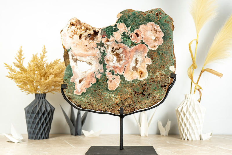 Rare Pink Amethyst with Green Jasper Geode Slab and Pink Druzy - High Quality, 6.7 Kg - 14.8 lb