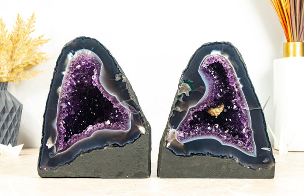 Paar seltener Bookmatching-Geoden aus tiefviolettem Amethyst mit weiß und blau gebändertem Achat – 13 kg – 28 Pfund