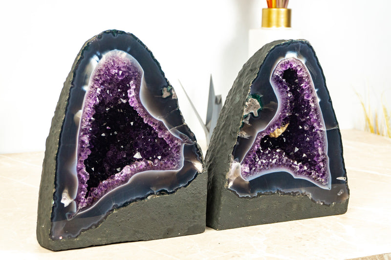 Pair of Rare Bookmatching Deep Purple Amethyst with White and Blue Banded Agate Geodes - 13 Kg - 28 lb
