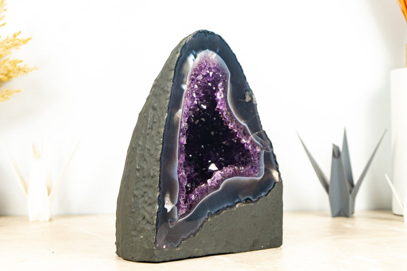 Pair of Rare Bookmatching Deep Purple Amethyst with White and Blue Banded Agate Geodes - 13 Kg - 28 lb