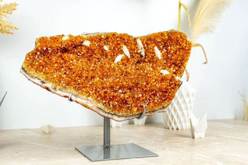 Deep Orange Citrine with Calcite Formations on Stand, 6.3 Kg - 13.9 lb - E2D Crystals & Minerals