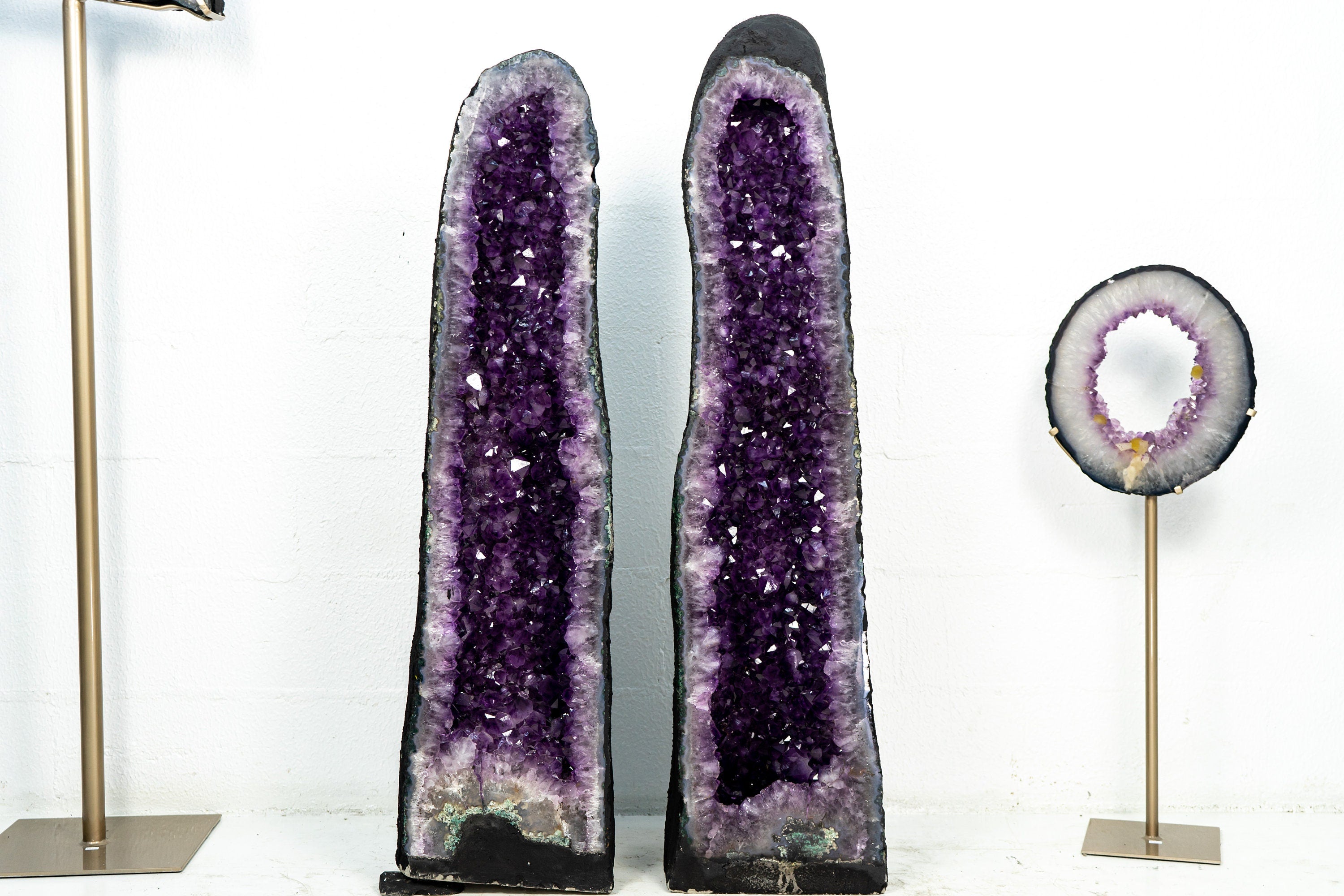 Tall Geode Rocks Pair of Tall Amethyst Cathedral Geodes with Purple, and Large Amethyst
