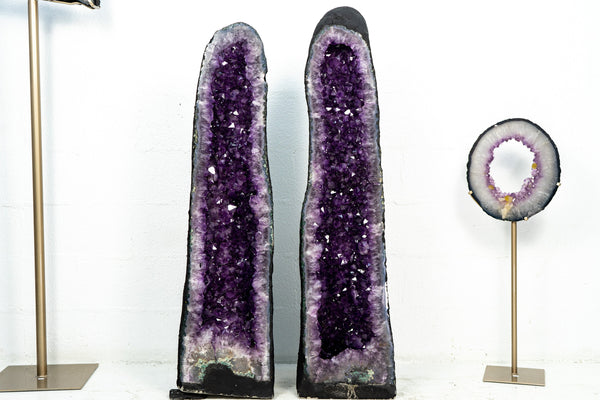 Pair of Tall Amethyst Cathedral Geodes with Purple, and Large Amethyst Druzy