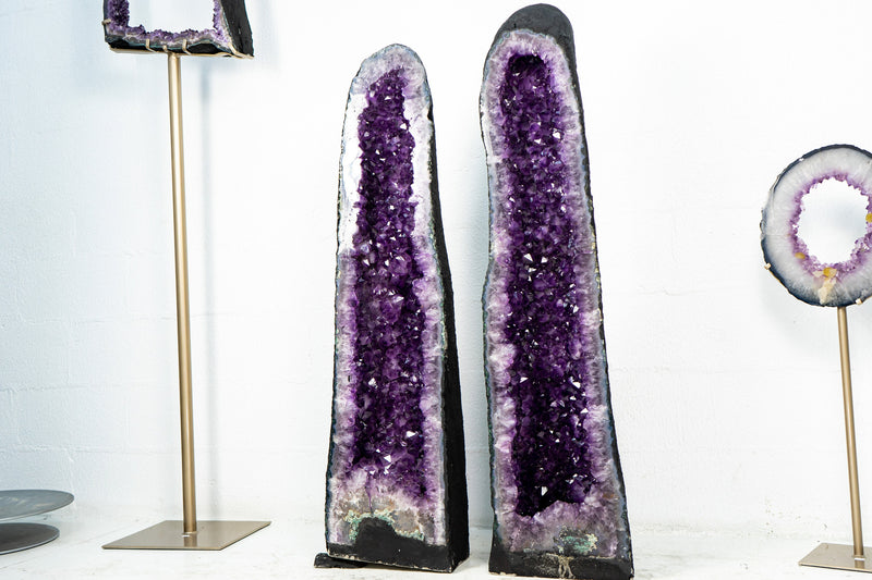 Pair of Tall Amethyst Cathedral Geodes with Purple, and Large Amethyst Druzy