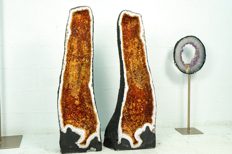 Pair of AAA Super Tall Citrine Cathedral Geodes with Deep Orange Citrine Sparkly Druzy, 40 In Tall, 145 Kg - 319 lb