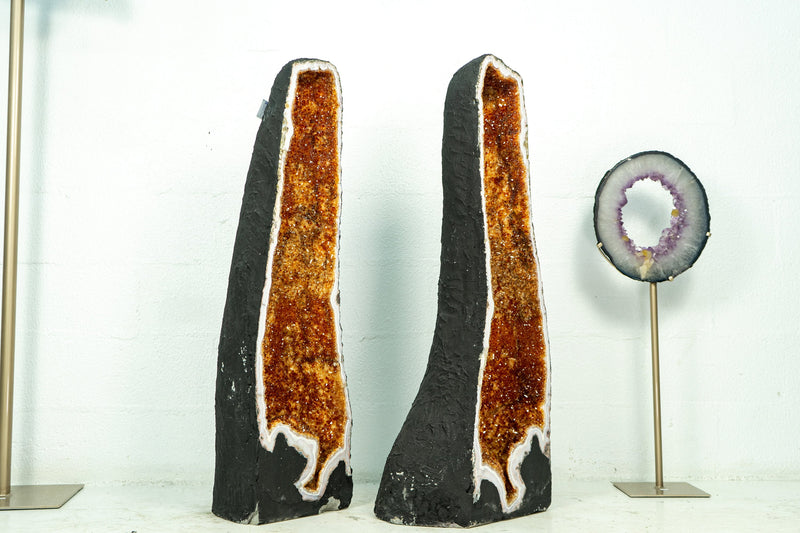 Pair of AAA Super Tall Citrine Cathedral Geodes with Deep Orange Citrine Sparkly Druzy, 40 In Tall, 145 Kg - 319 lb