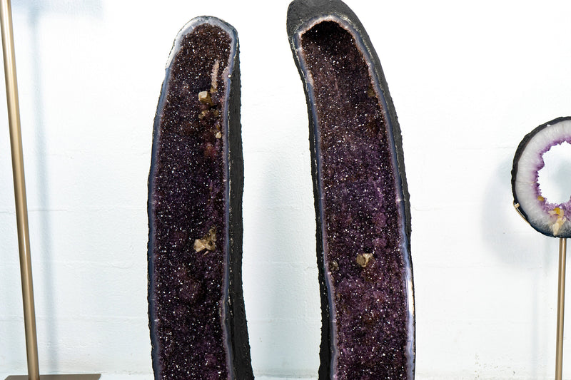 Spectacular Pair of X-Tall Amethyst Cathedral Geodes with Galaxy Druzy with Golden Goethite Cave - 151 Kg - 333 lb