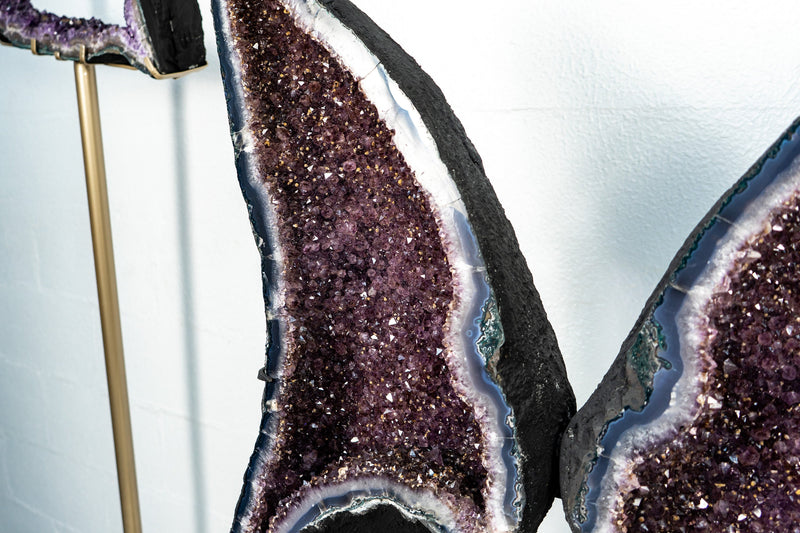 Rare Banded Agate Geode With Amethyst filled with Cristobalite and Golden Goethite, Geode Wings, X-Large 56 In Tall