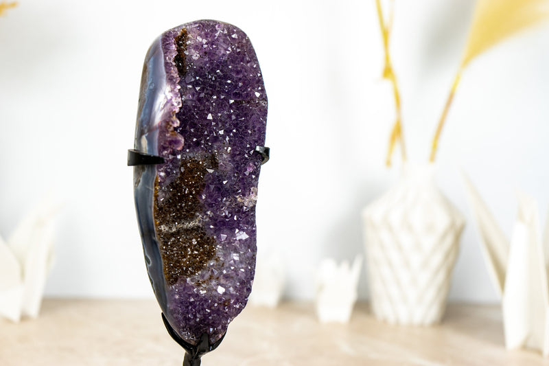 Small Purple Galaxy Druzy Amethyst with Golden Goethite and Banded Agate on Stand - 1.0 Kg - 2.2 lb