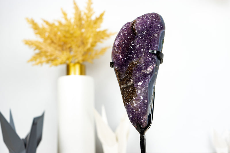 Small Purple Galaxy Druzy Amethyst with Golden Goethite and Banded Agate on Stand - 1.0 Kg - 2.2 lb