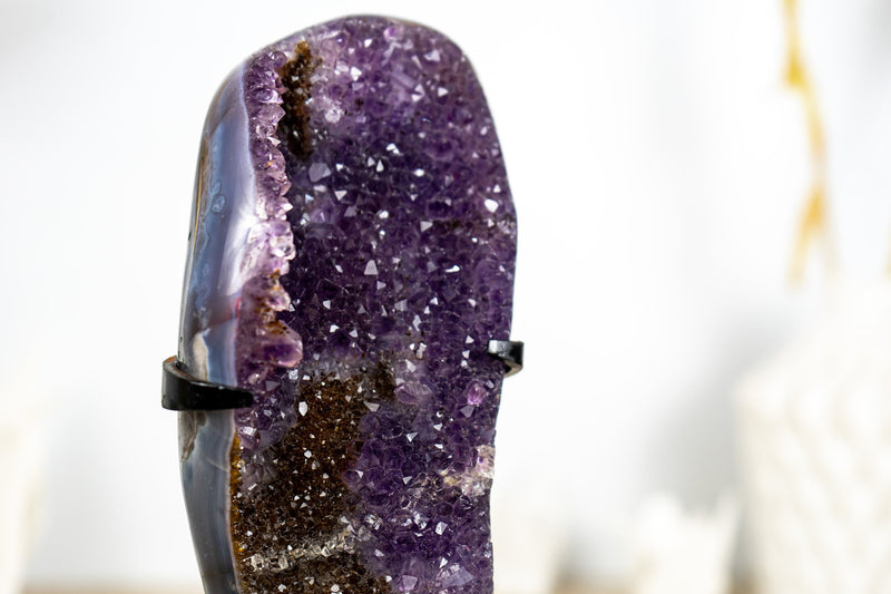 Small Purple Galaxy Druzy Amethyst with Golden Goethite and Banded Agate on Stand - 1.0 Kg - 2.2 lb