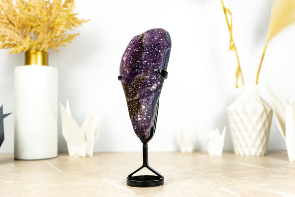 Small Purple Galaxy Druzy Amethyst with Golden Goethite and Banded Agate on Stand - 1.0 Kg - 2.2 lb