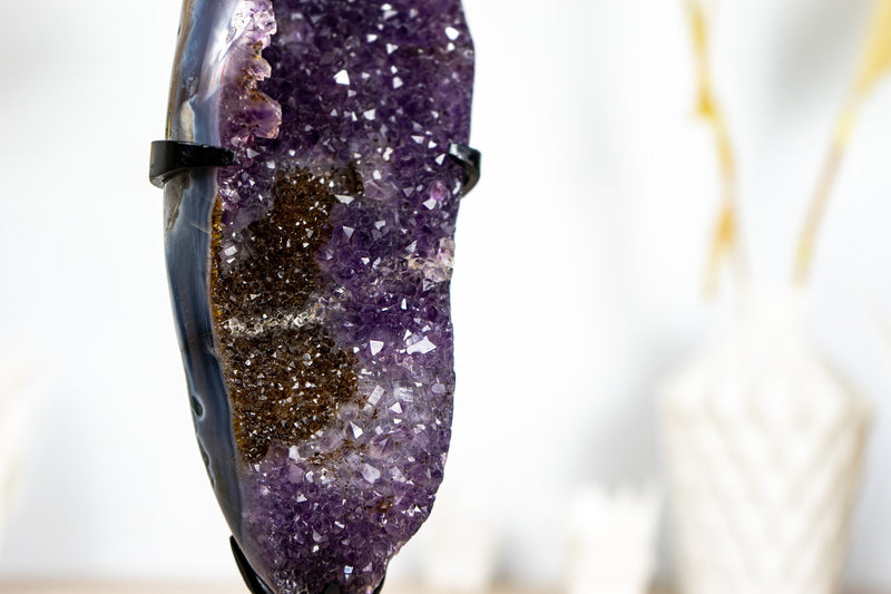 Small Purple Galaxy Druzy Amethyst with Golden Goethite and Banded Agate on Stand - 1.0 Kg - 2.2 lb