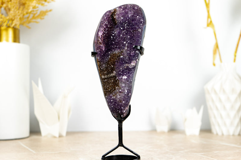 Small Purple Galaxy Druzy Amethyst with Golden Goethite and Banded Agate on Stand - 1.0 Kg - 2.2 lb