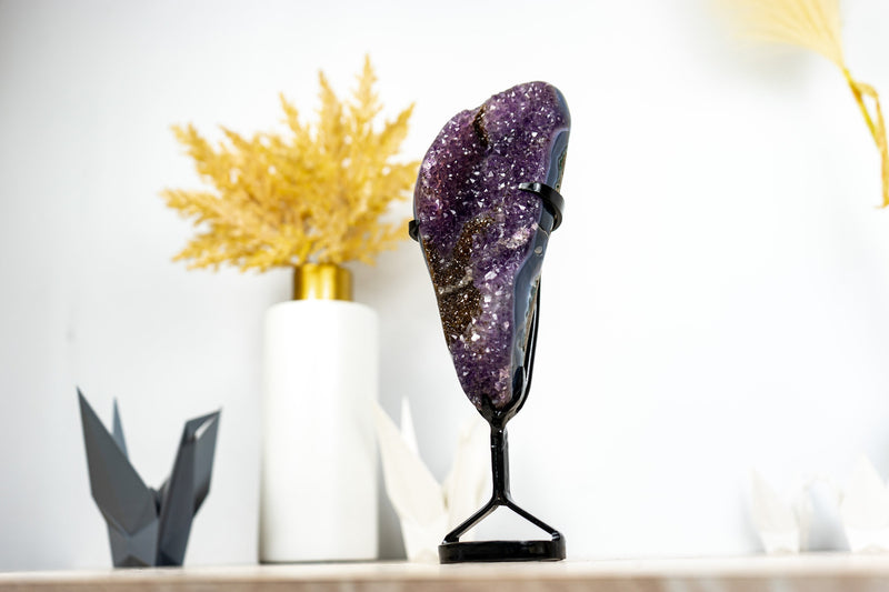 Small Purple Galaxy Druzy Amethyst with Golden Goethite and Banded Agate on Stand - 1.0 Kg - 2.2 lb