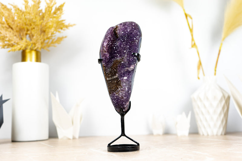 Small Purple Galaxy Druzy Amethyst with Golden Goethite and Banded Agate on Stand - 1.0 Kg - 2.2 lb