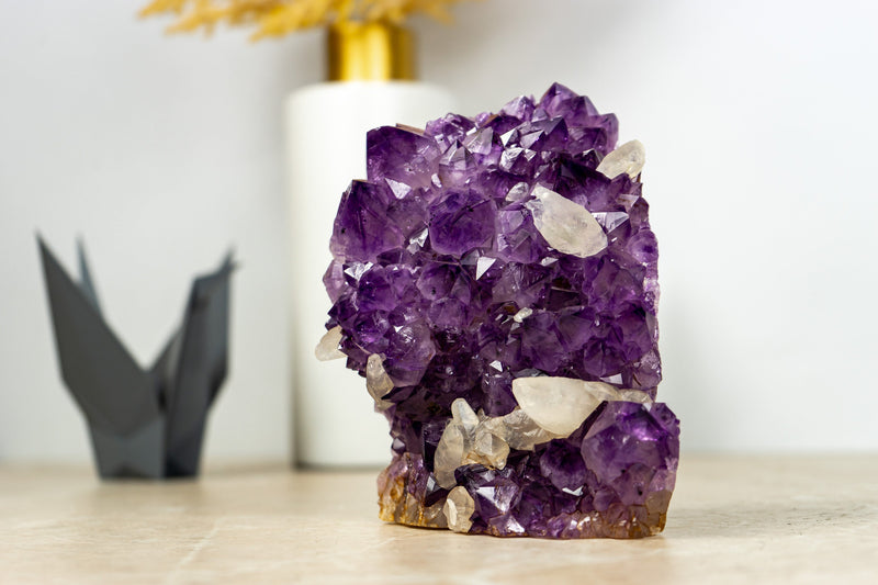 Beautiful Amethyst Cluster with Crystal Calcite, AA Deep Purple Quality, Self Standing - 1.8 Kg - 3.9 lb