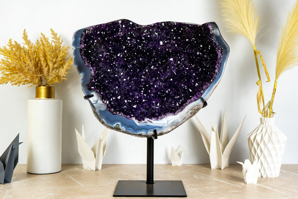 Spectacular Large Amethyst Geode Deep Purple Galaxy Druzy with Banded Agate On Stand, 13.5 Kg - 30 lb