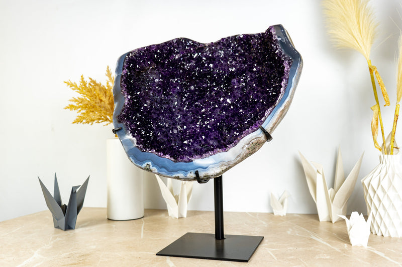 Spectacular Large Amethyst Geode Deep Purple Galaxy Druzy with Banded Agate On Stand, 13.5 Kg - 30 lb