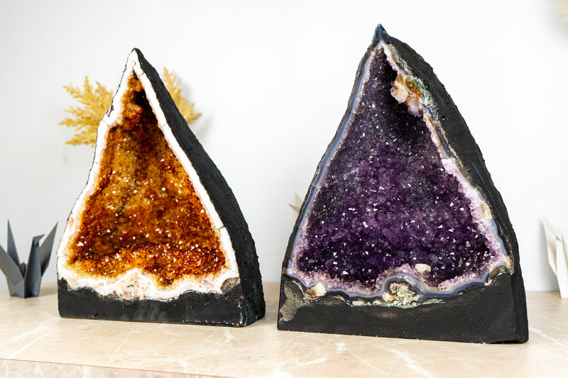 Pair of Book-Matching Amethyst and Citrine Cathedral Geodes with Shiny Druzy and Flower Rosettes - 39.1 Kg - 86.2 lb
