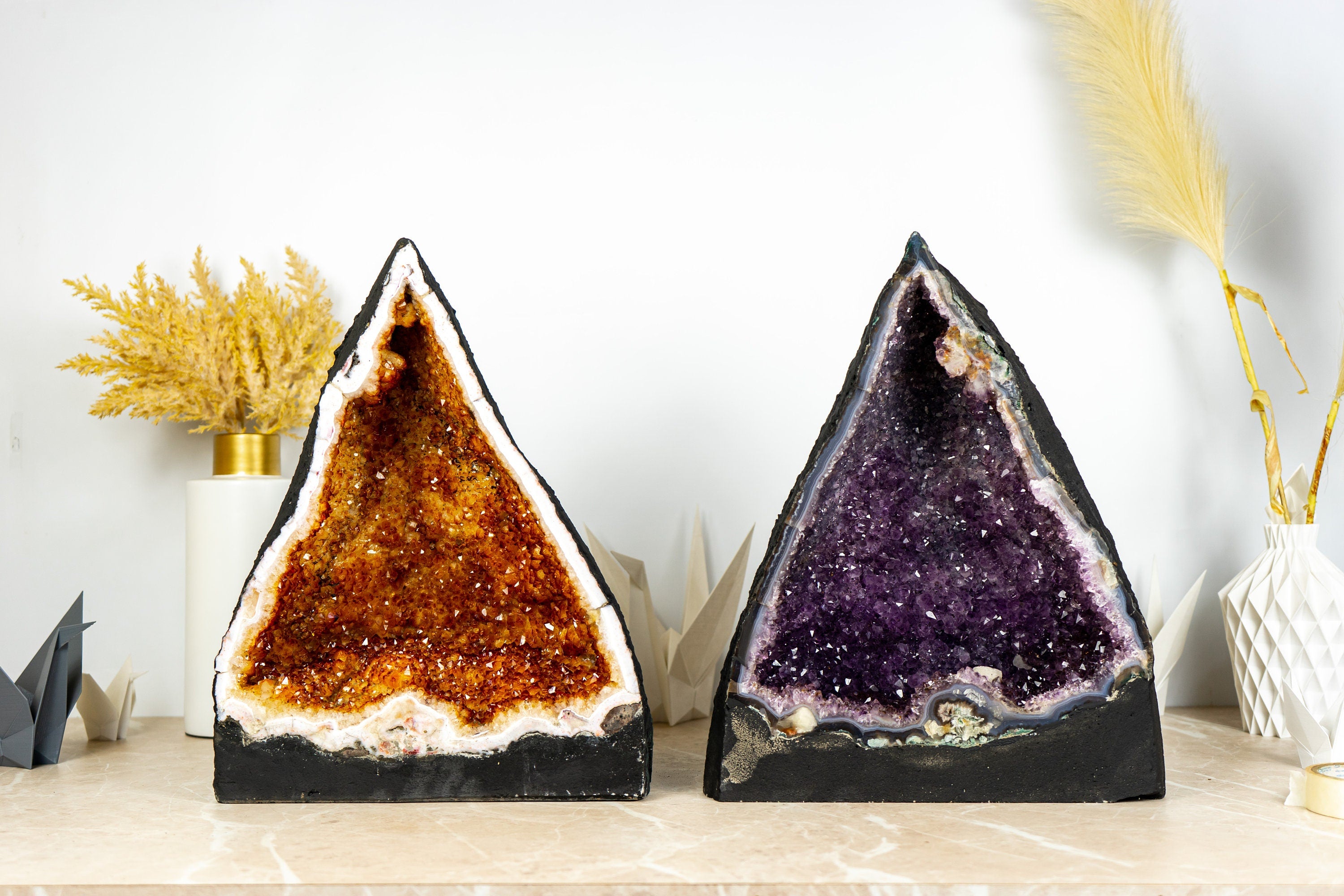 Pair of Book-Matching Amethyst and Citrine Cathedral Geodes with Shiny